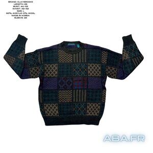 Cute 90s Claybrooke Patchwook Acrylic Wool Blend Crew Neck Sweater Size L